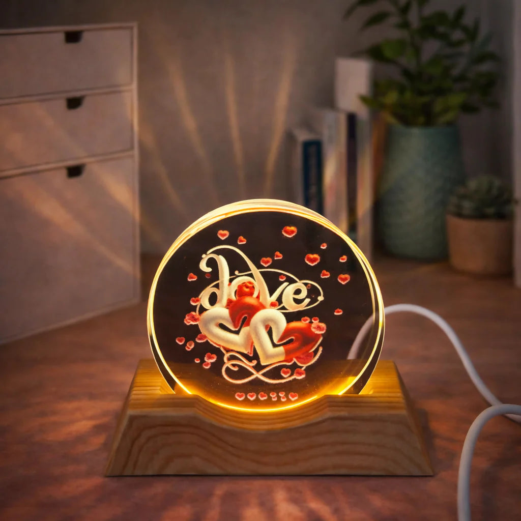 Love Double Heart Acrylic LED Lamp With Wooden Base | Romantic Gift Light