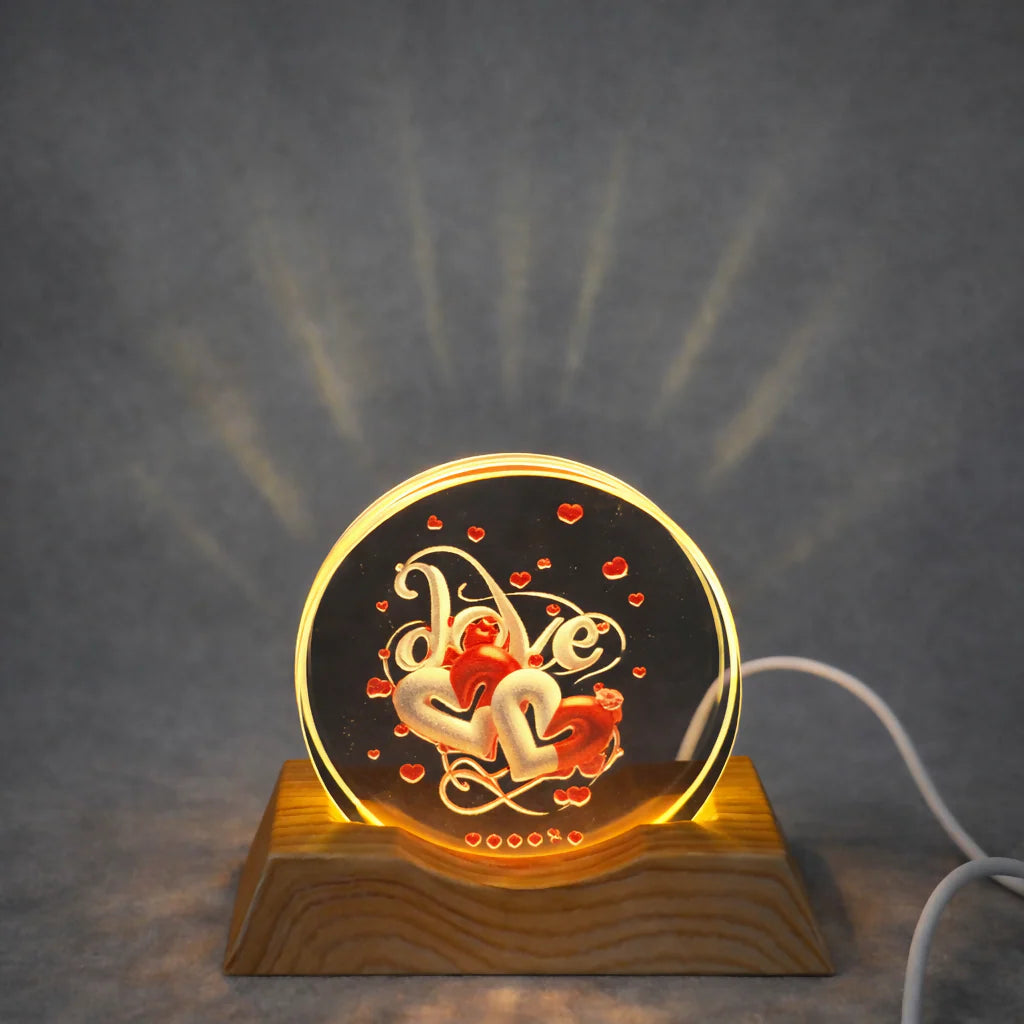Love Double Heart Acrylic LED Lamp With Wooden Base | Romantic Gift Light
