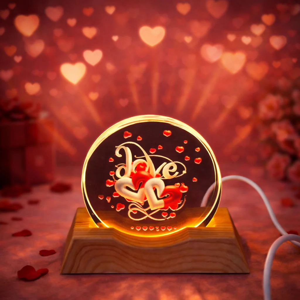 Love Double Heart Acrylic LED Lamp With Wooden Base | Romantic Gift Light