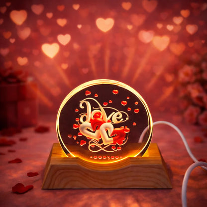 Love Double Heart Acrylic LED Lamp With Wooden Base | Romantic Gift Light
