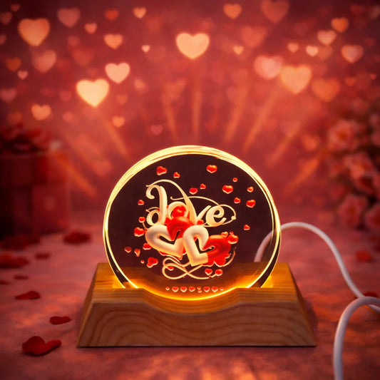 Love Double Heart Acrylic LED Lamp With Wooden Base | Romantic Gift Light